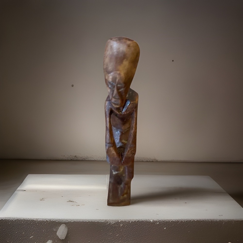 Vintage Hand‎ Carved Wood African Figure Playing Drum 10.5" x 3"
